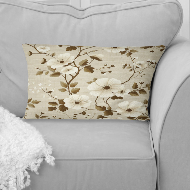 Beige jaune champêtre floral chic III - coussin floral, H 12 po x l 20 po, Forme rectangulaire