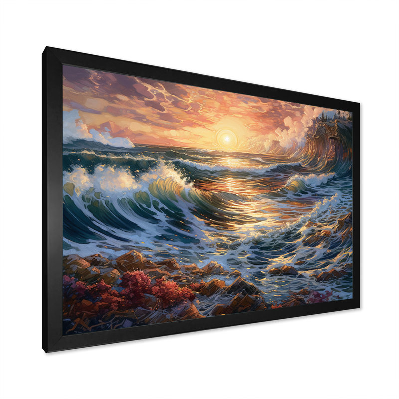 Golden Blue Majestic Waves III sur toile, H 12 po x l 20 po x P 1 po, Cadre photo noir
