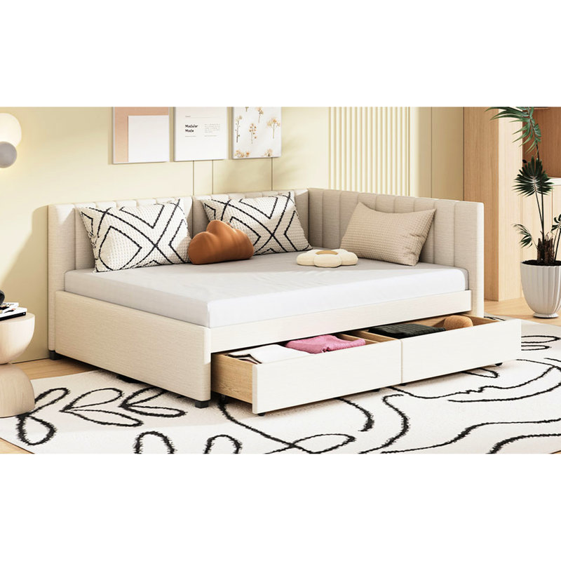 Beige Linen Daybed With 2 Compartments, Strong Wood Frame, No Box Spring For Practical Use Full Size Fabric, Drawers, Spring, Space Saving