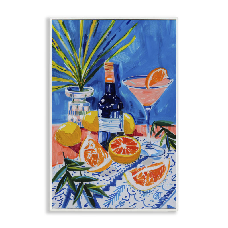  Art de giclée de bouteille de vin et d'agrumes par LSR Design Studio, Estampe numérique encadrée blanc bord de mer