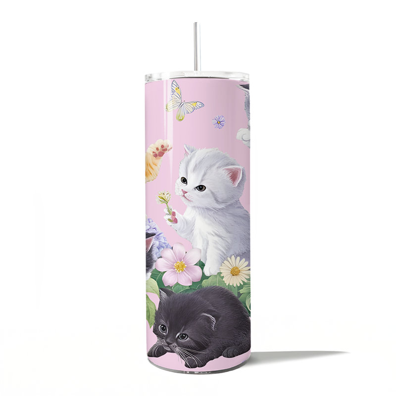 Gobelet personnalisé 20 oz avec couvercle et tasse en acier inoxydable pour chat mignon Cottagecore
