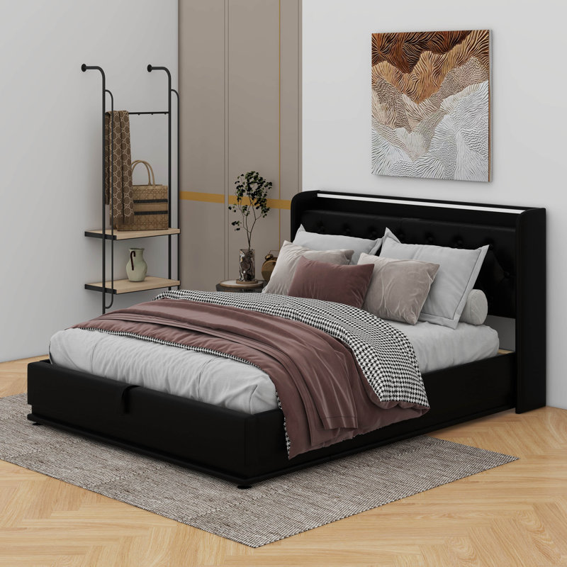 Lit tapissier, lit de rangement hydraulique avec charge USB Type-C et DEL, boutons / applications / télécommande, Noir