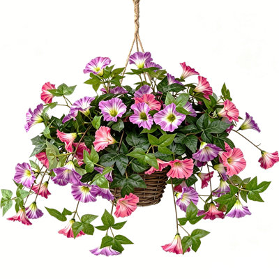 1Pcs Primrue Artificial Outdoor Flowers with Hanging Basket, Hanging Planters Faux Silk Morning Glory Flowers for Spring Summer Front Porch Garden Patio Home Decor,Faux Silk UV Resistant Outdoor Plants for Front Porch, Garden, Patio, Balcony Decor