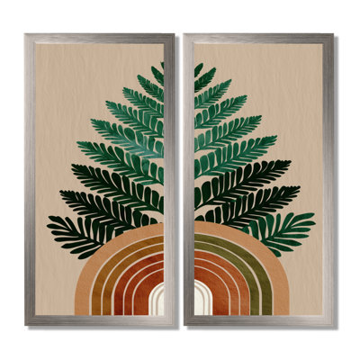 «Green Brown Minimalisme Ferns Composition», impression sur toile de style Mid-Century moderne, art mural moderne Mid-Century vert, 2 pièces