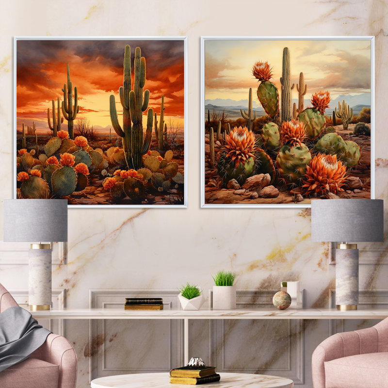 Cactus cuivré au Nevada - ensemble de 2 cactus carrés, Cadre flottant blanc, H 30 po x l 61 po