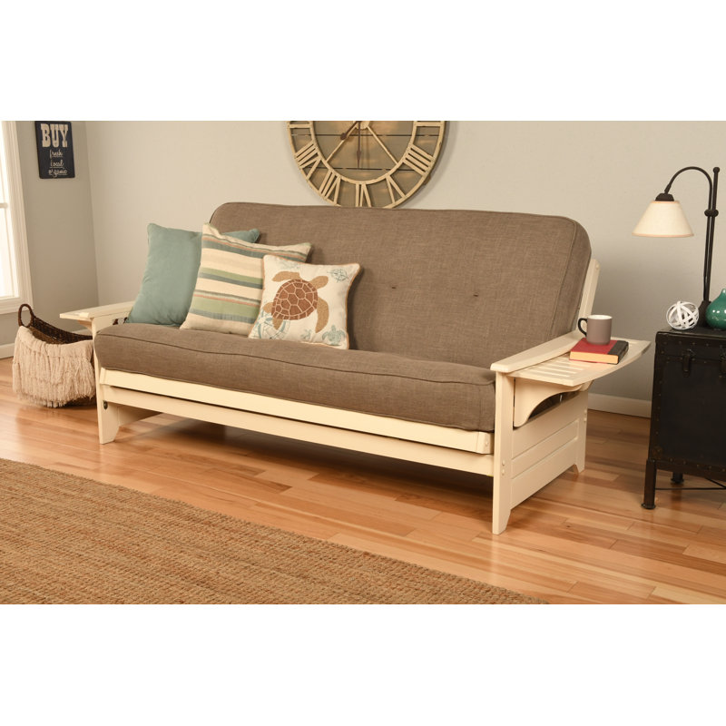 Johnte 82'' Wide Full Futon And Mattress, Antique White, Linen Stone Microsuede, Premium Pocket Coil