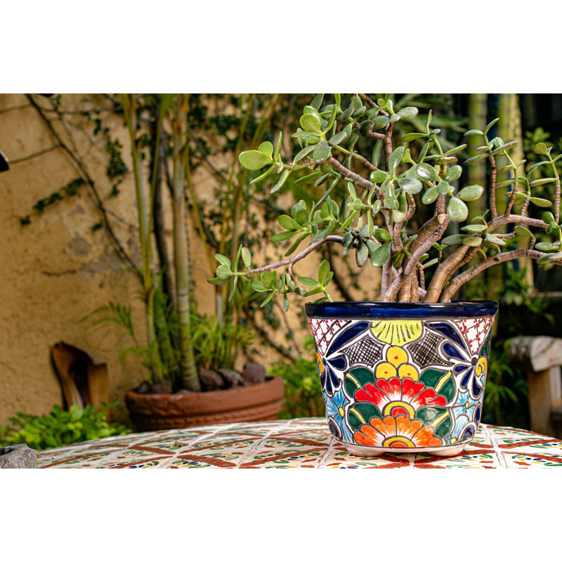 10" Multicolor Floral Talavera Ceramic Round Pot Planter