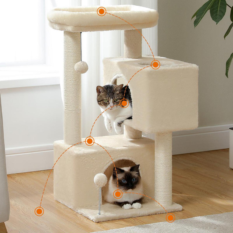 Tour pour chat H 31,5 po avec perchoir supérieur, poteau à griffes d'appartement et balle jouet, Beige