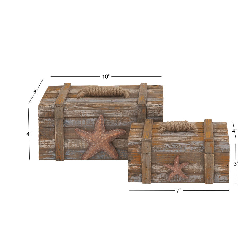 Wood Handmade Distressed Starfish Decorative Brown Box with Knotted Rope Details Set