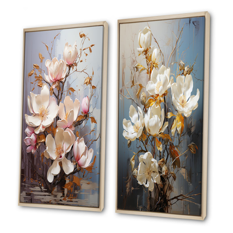 «Magnolias» - ensemble de 2 impressions sur toile dorées, H 40 po x l 41 po, Encadrement brun