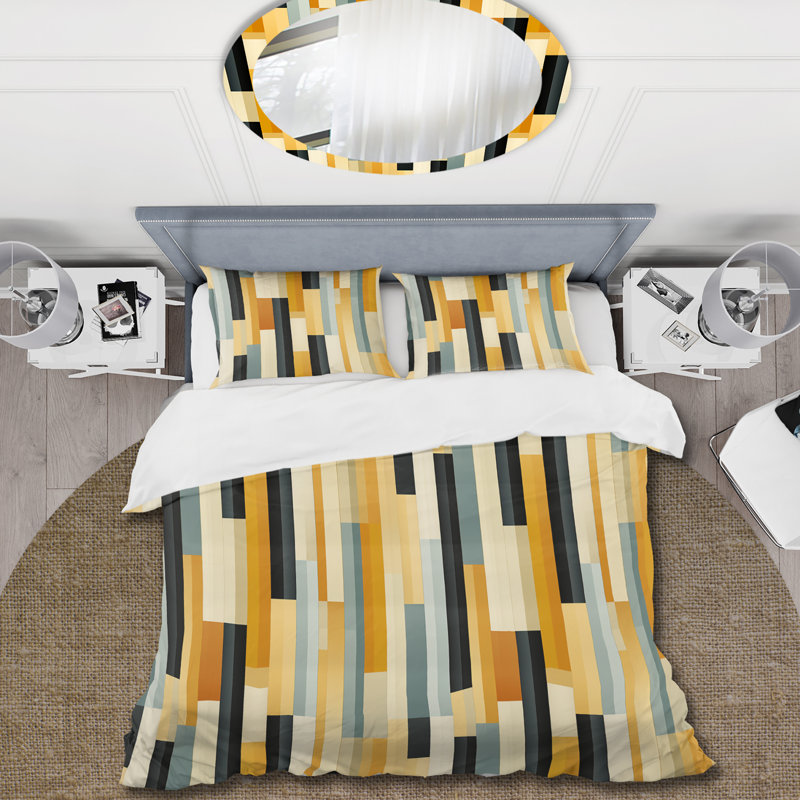 Yellow Striped Lines Pattern Duvet Cover, King Duvet Cover + 2 King Shams