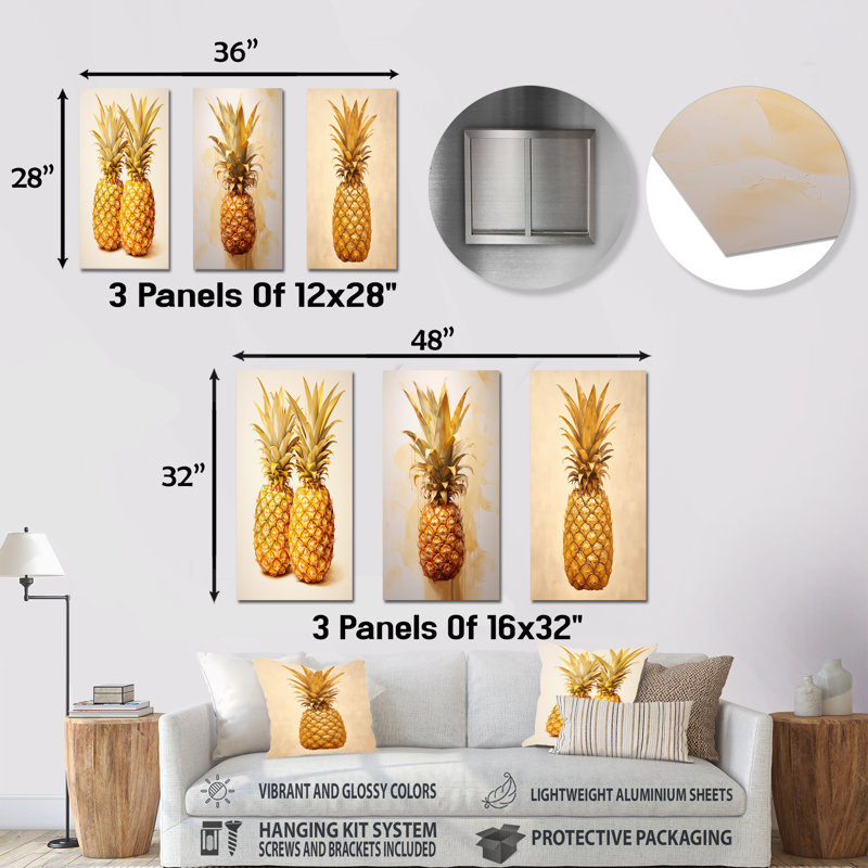 Pinapple Golden Grove - ensemble de 3 ananas en métal, H 32 po x l 48 po