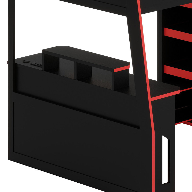 Elevated Bed Frame Featuring Workspace, Versatile Shelving, Color-Changing Lights, and Movable Desk, Red