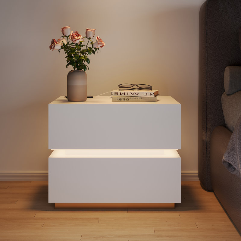 Table de chevet moderne avec 2 tiroirs, éclairage DEL et recharge sans fil, Blanc