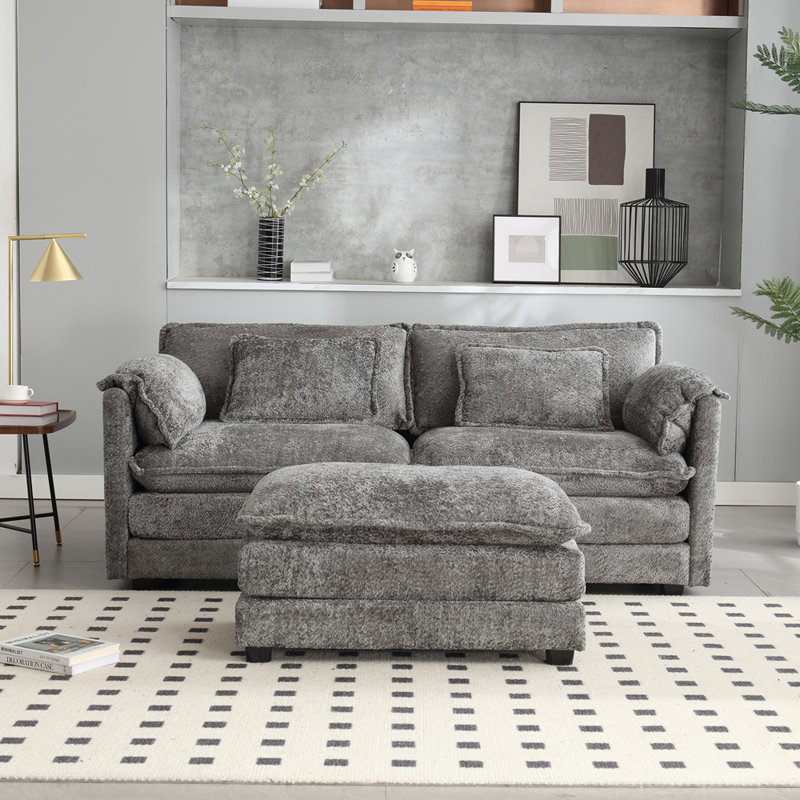 Tissu en chenille, accoudoirs amovibles avec poches latérales, rembourrage en éponge haute densité, canapé double surdimensionné avec repose-pieds
