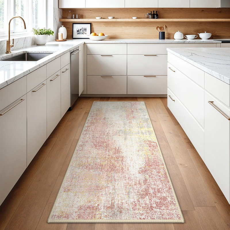 Abstract Area Rug, Rectangle 80 x 150 cm, Pink/Yellow/Beige