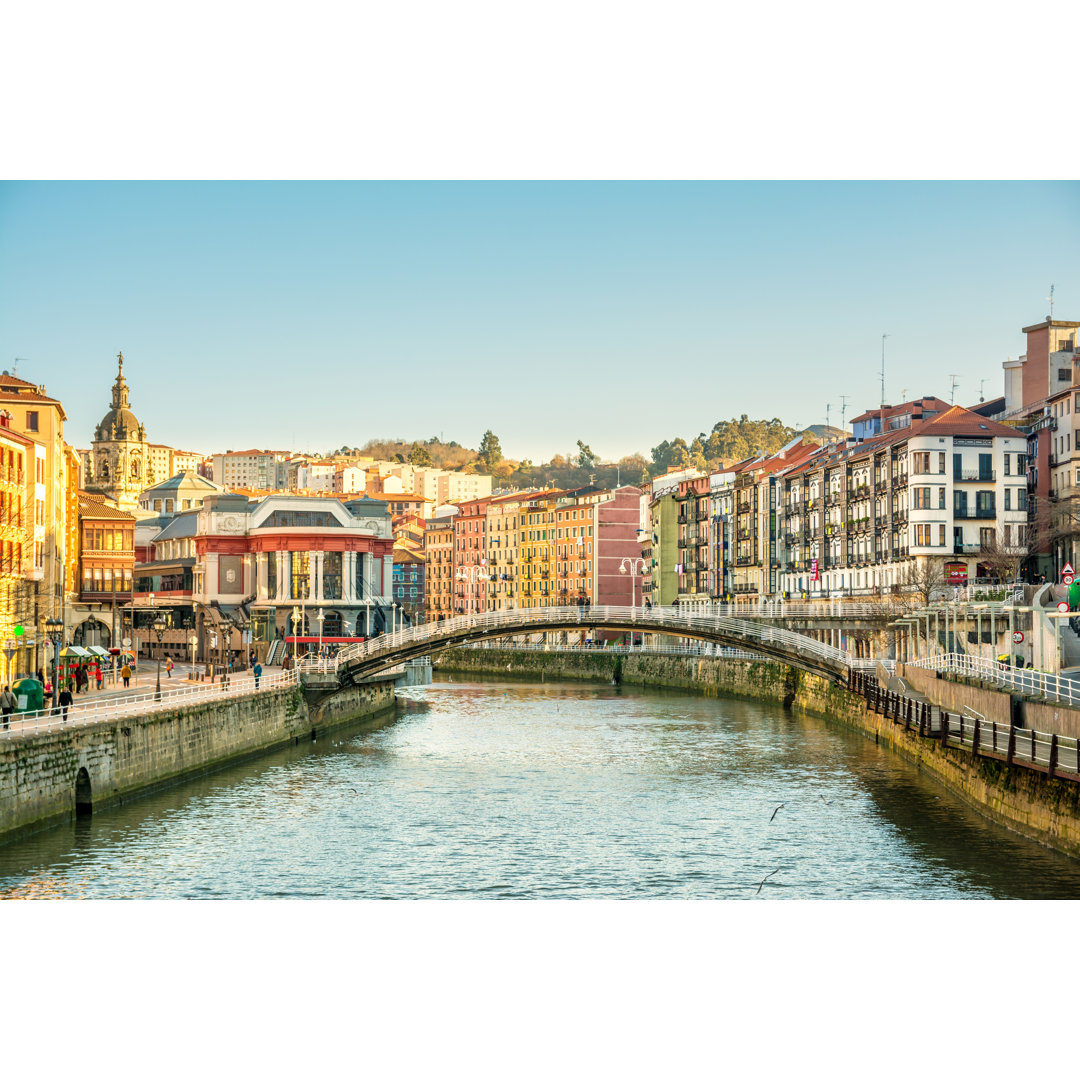 Bilbao Riverbank on Sunny Day, Spanien von Jon Chica Parada - Leinwandfoto