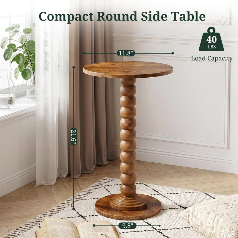 Table d'appoint ronde, table de bout petite boisson, table de chevet d'appoint en bois massif, Brown