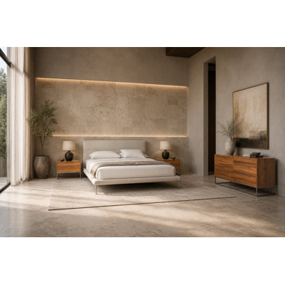 Bergeron + Lorenzo - Contemporary Cream Fabric + Light Oak 4-piece Bedroom Set