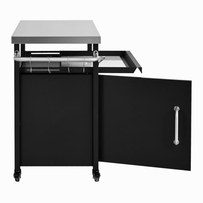 39.5" Outdoor Grill Cart With Storage Cabinet, Outdoor Bar Cart Pizza Oven Table With Wheels, Stainless Steel Top, Outdoor Kitchen Island With Spice & Paper Rack For BBQ, Waterproof Cover Included