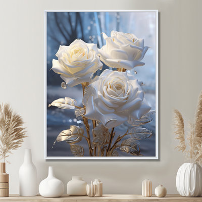 White Winter Rose Blue Forest - Roses Wall Art Living Room