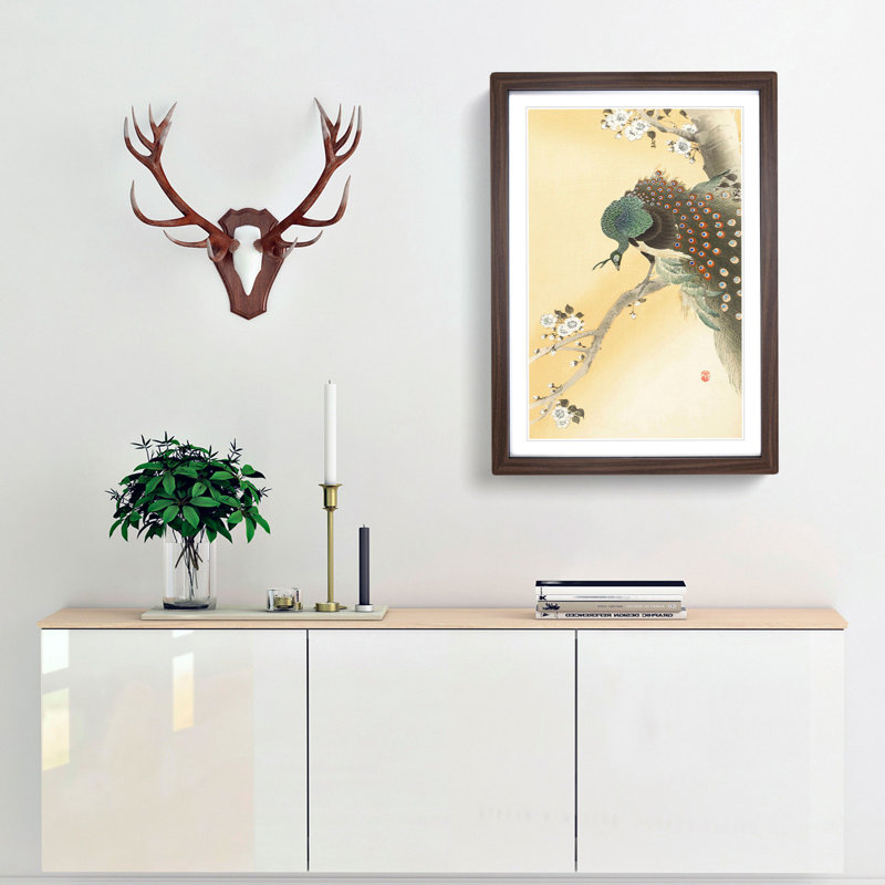 Peacock on a Cherry Blossom Tree by Ohara Koson - Picture Frame Painting Print, 36cm H x 27cm W x 2cm D, Walnut Framed