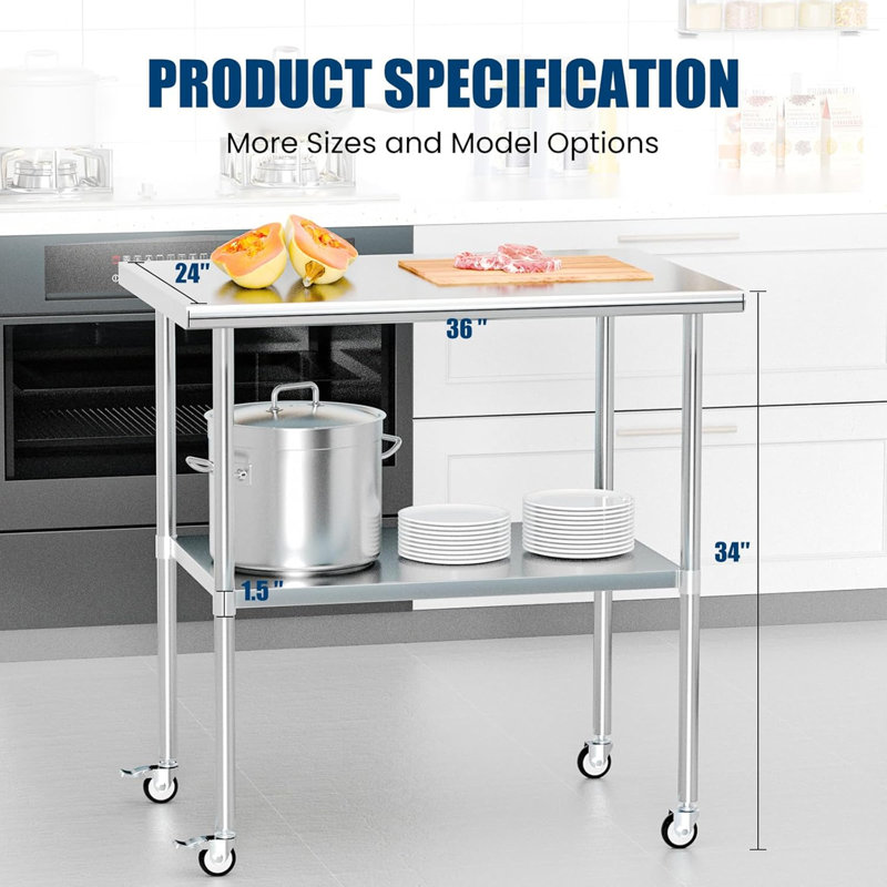 Stainless Steel Table Metal Work Table  Adjustable Undershelves With wheels, 34" H x 36" L x 24" W