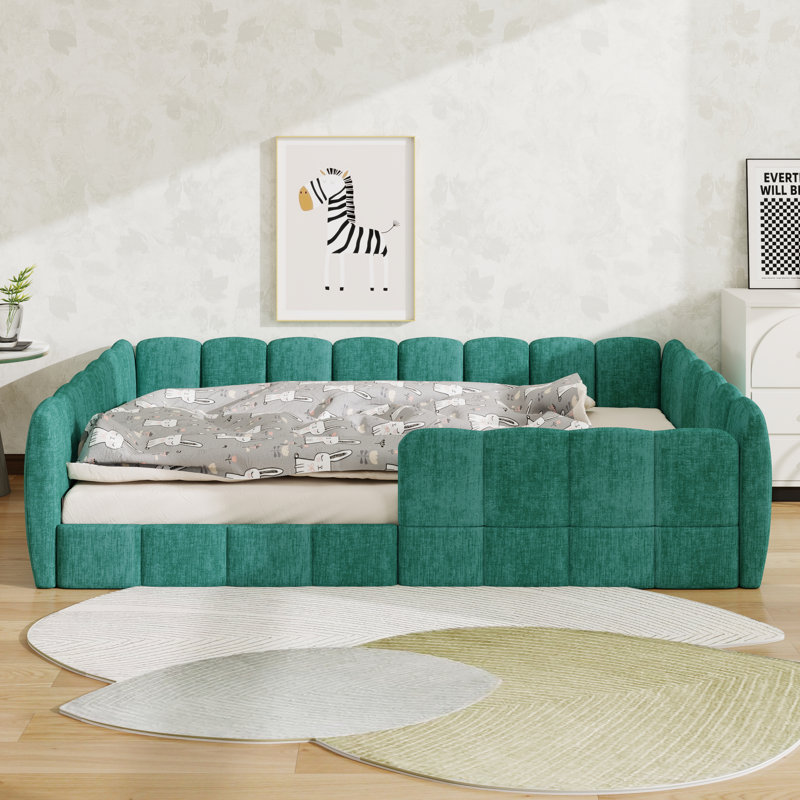 Lit de plancher tapissier en velours, lit plateforme à profil bas avec garde-corps pour garçons et filles, Pumpkin Green