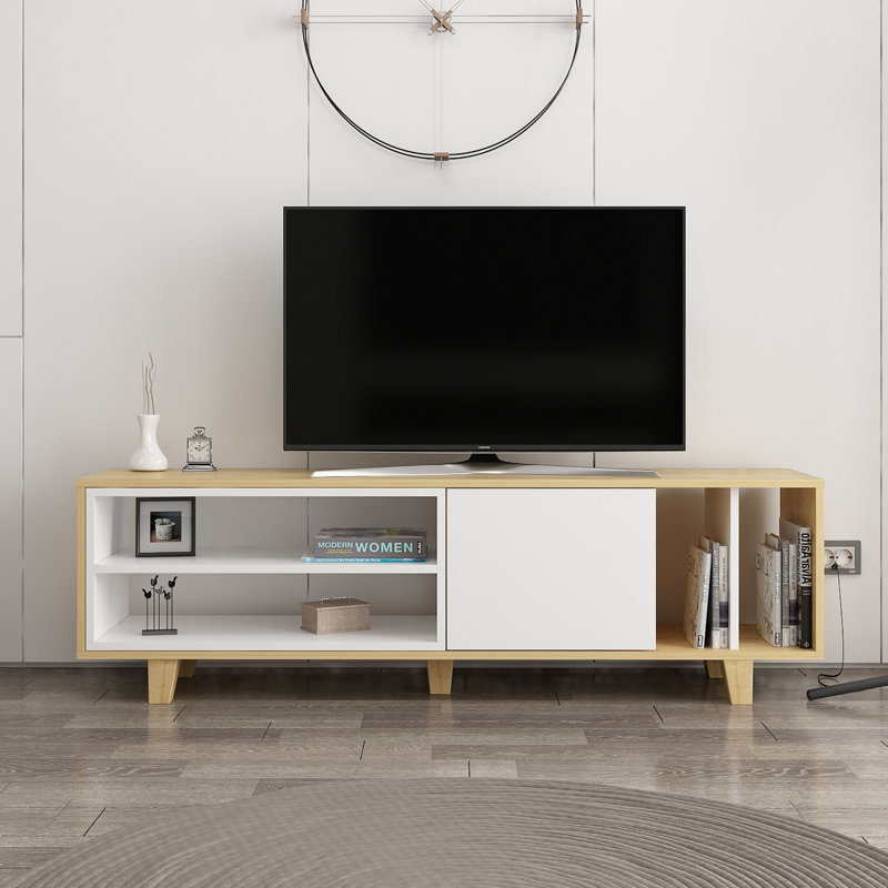 Meuble télé scandinave, chêne avec blanc, 63,0 po x 13,8 po x 19,1 po | 100% panneau de particules enduit de mélamine, épaisseur: 0,7 pouce | Comprend de nombreuses tablettes et une conception murale | Élégant et fonctionnel pour les salons modernes