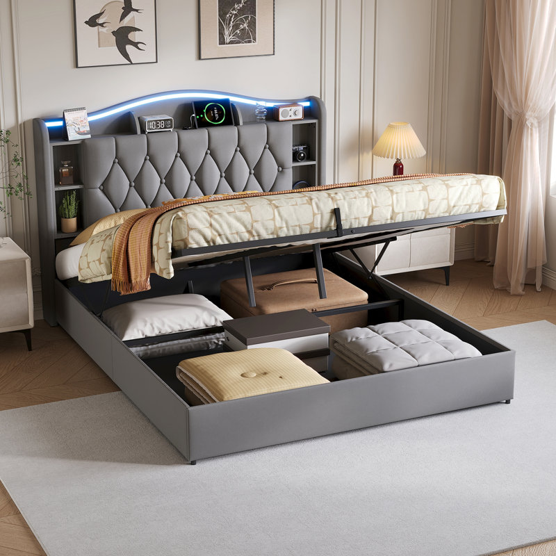 Solid Wood Ottoman Storage Bed, Grey, European Kingsize (160 x 200 cm)