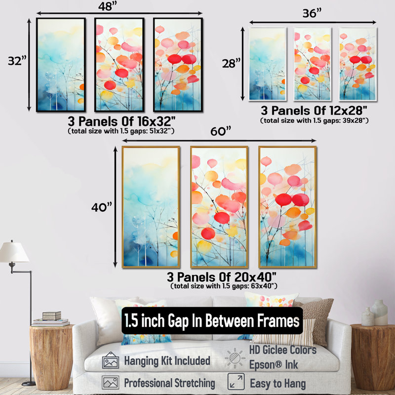 Arbre de printemps coloré rose et bleu - art mural arbre, Cadre flottant blanc, H 32 po x l 48 po x P 1 po