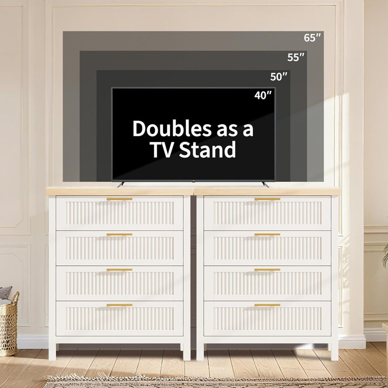 35in Tall 4-Fluted-Drawer White Dresser, Closet Storage