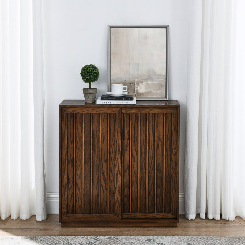 Mid Century Sideboard: Solid Wood Decorative. 2 Sliding Door Storage For Various Areas. , Walnut Colored Cabinet With Doors & Adornment, Living Room, Kitchen, Dining, Entryway, Hallway,