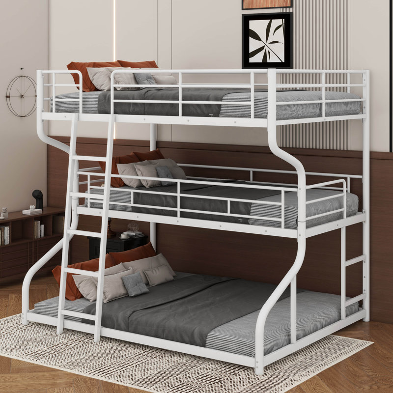 Full XL Over Twin XL Over Queen Size Triple Bunk Bed With Long And Short Ladder, White