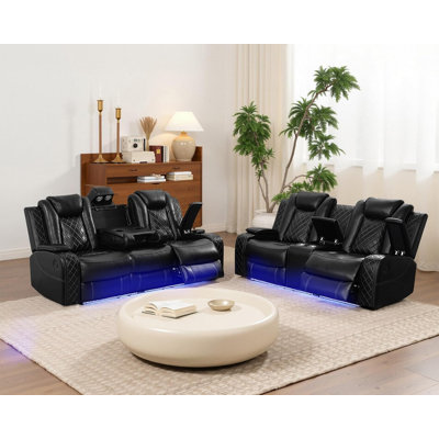 Charliely Quilted Design Breathable Leather Power Reclining Set With Console And Usb Charging Ports, Led Lights