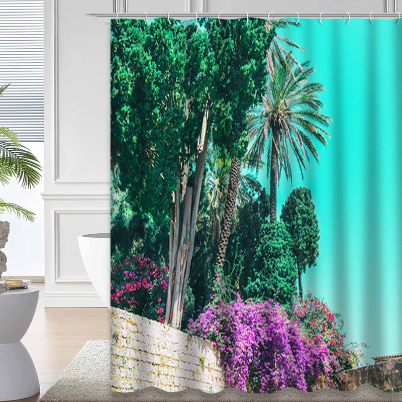 Palmiers, plantes, ciel rose, été minimaliste avec 12 crochets, L 72 po x l 84 po