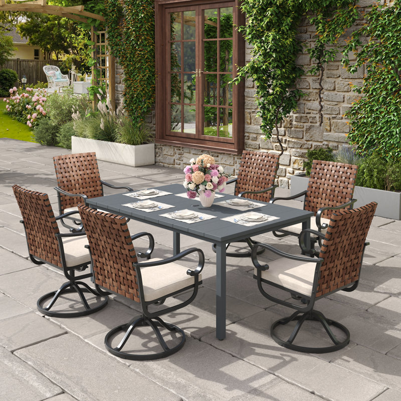 Ensemble repas extérieur pour 6 personnes avec fauteuil pivotant en osier, Gris
