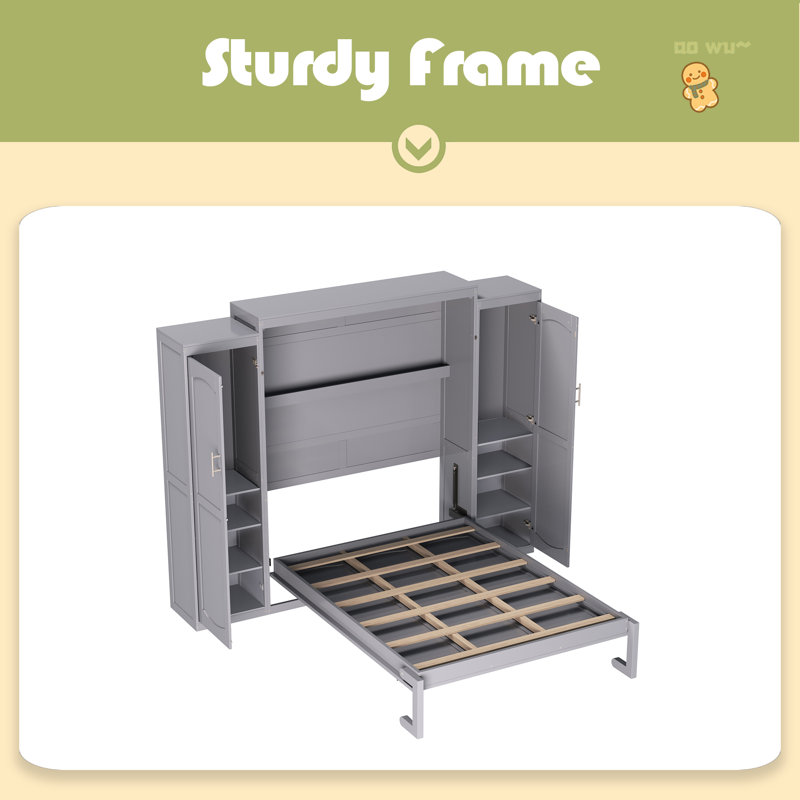 Lit escamotable, lit escamotable double en bois avec 2 garde-robes et tablette de rangement, cadre de lit plateforme pliable multifonctionnel pour chambre d'amis, chambre à coucher