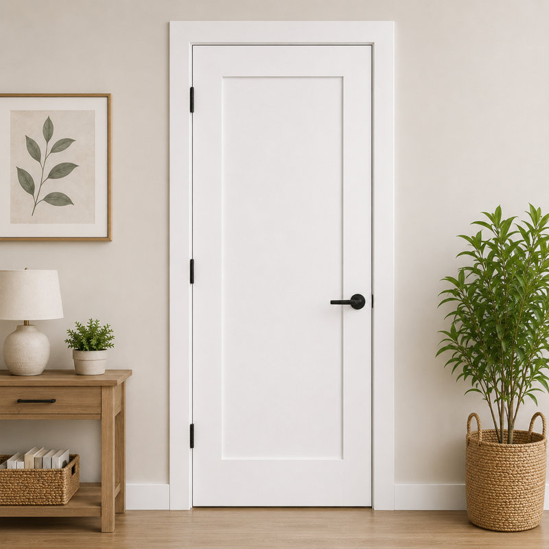 Porte intérieure pré-montée à 1 panneau avec base et charnières Shaker, 28" x 96", Satin Nickel Hinge, Right