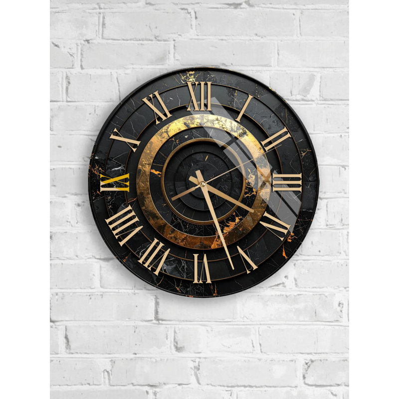 Élégante horloge murale en verre trempé, décor noir et or, art minimaliste, décoration intérieure moderne, horloge silencieuse, cadeau d'anniversaire