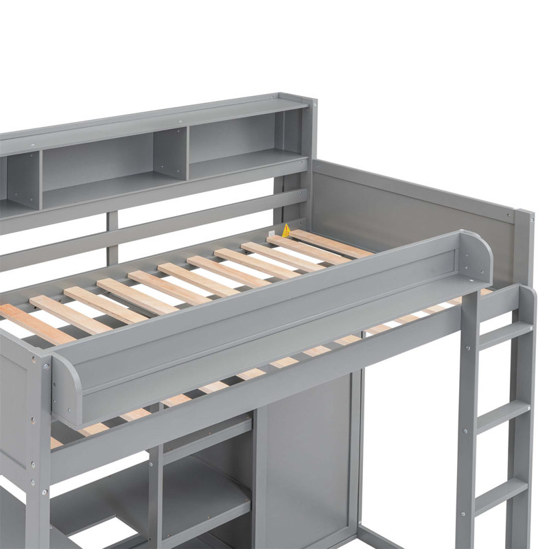 Lit mezzanine simple en bois avec plusieurs tablettes de rangement, une armoire et un bureau intégré pour économiser de l'espace et une utilisation multifonctionnelle (matelas non inclus)
