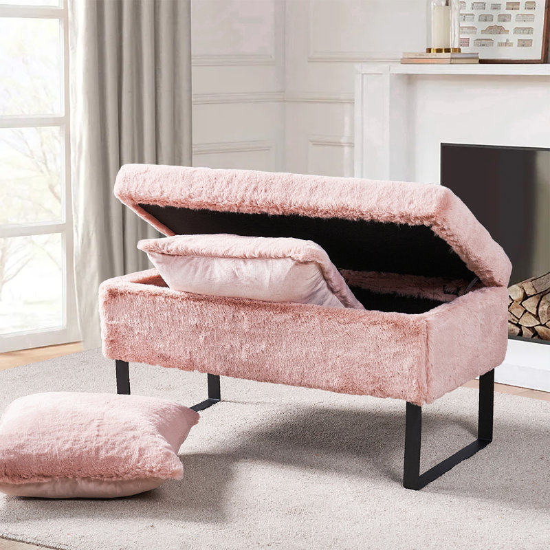 Repose-pieds avec rangement Lovitto, Fausse fourrure quartz rose