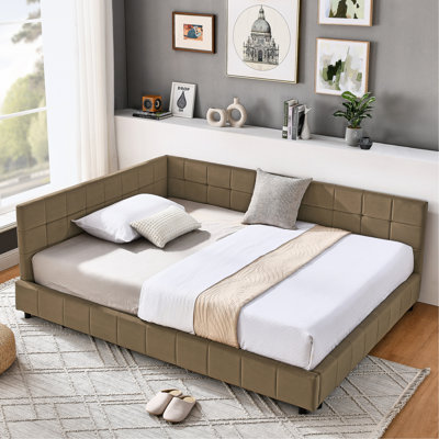 Full Size Upholstered Bed Frame With Comfortable And , Velvet For Bedroom & Living Room, , Brown Frame, Covered Armrest , Elegant,
