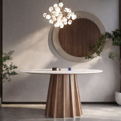 Table avec plaque de roche et base en bois massif.