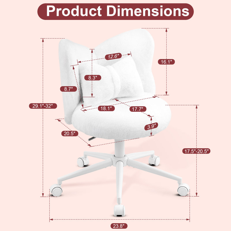 Faux Fur Bow Back Swivel Accent Chair Vanity Stool Armless Task Chair With Cushion, White