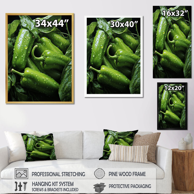 " Jade Green Pepper Vegetable I ", 40" H x 30" W x 1.5" D, Black Floater Framed