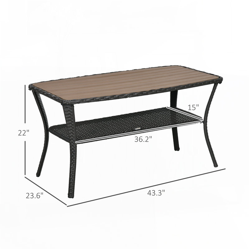Outsunny Patio PE Rattan Coffee Table With Storage Shelf, Hand-Woven Wicker Outdoor Side Table, 2-Layer Storage Table With Wood-Plastic Composite Top, For Garden, Porch, Backyard