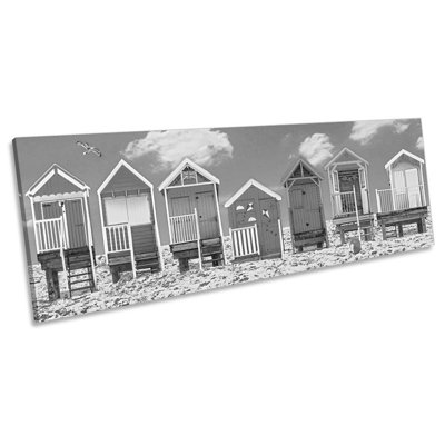 Beach Huts Seaside Holiday B&W 1 Piece Wrapped Canvas Panoramic Wall Art