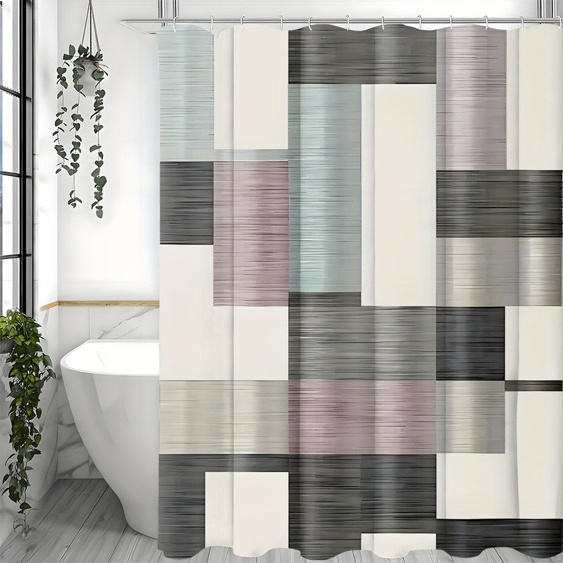 Rideau de douche avec crochets inclus, H 72 po x l 72 po, Gris / blanc / rose / noir à carreaux