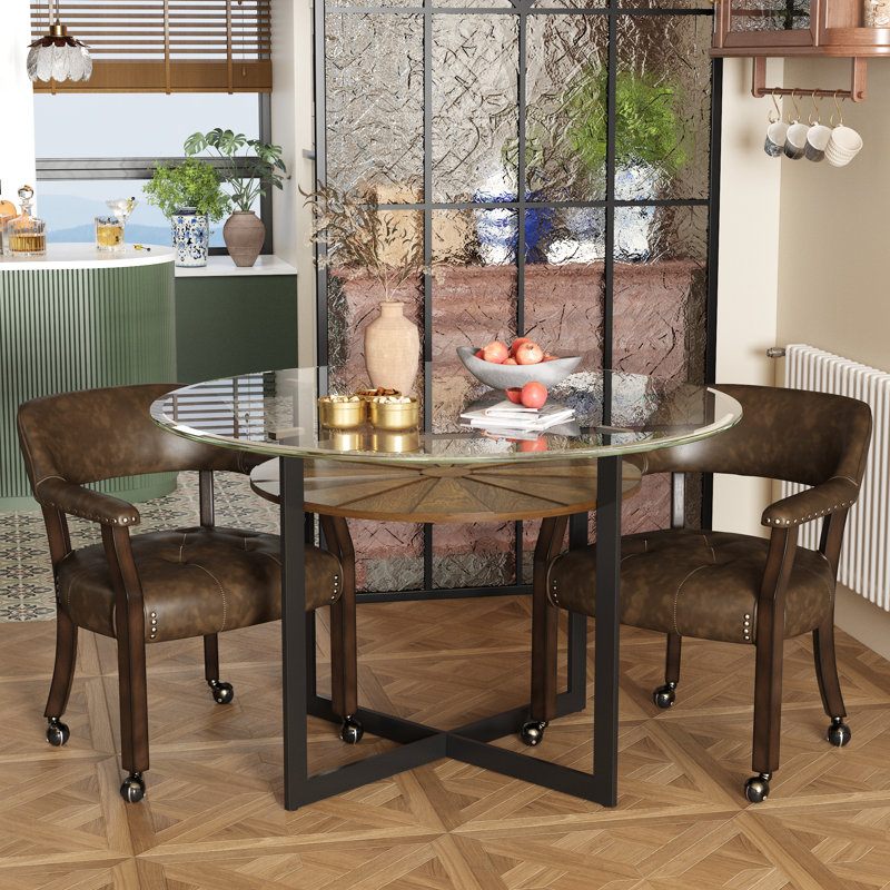 Ensemble de 2 chaises de salle à manger rembourrées de style Mid-Century moderne en bois synthétique avec accoudoirs et roulettes Wexford pour la salle à manger, la cuisine ou le bureau